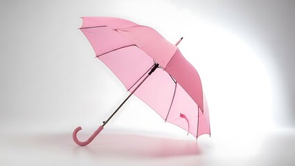A pink umbrella standing alone on a white background with a subtle shadow
