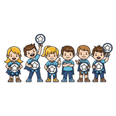 A diverse group of six cartoon superhero children happily displaying their star achievement badges and awards on transparent background