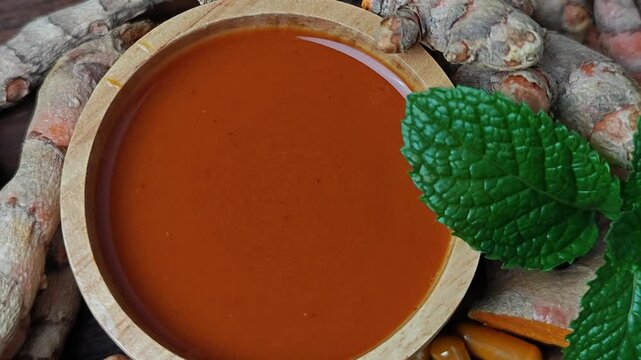 Turmeric drink and raw roots. Turmeric curcuma capsules. Zoom in.