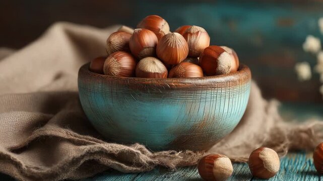 A bowl of hazelnuts on wooden table