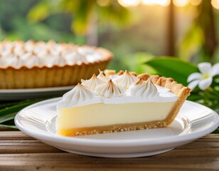 Refreshing Slice of Tangy Lemon Meringue Pie with Golden Topping Served in a Bright Outdoor Setting