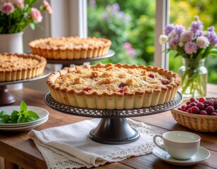 Delicious fruit tarts on a wooden table with fresh raspberries
