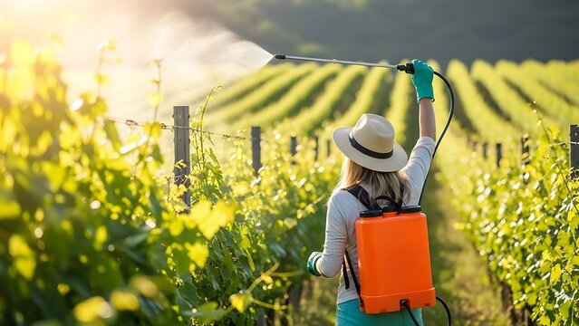 A woman in a vineyard sprays pesticide on plants with a backpack sprayer at sunset