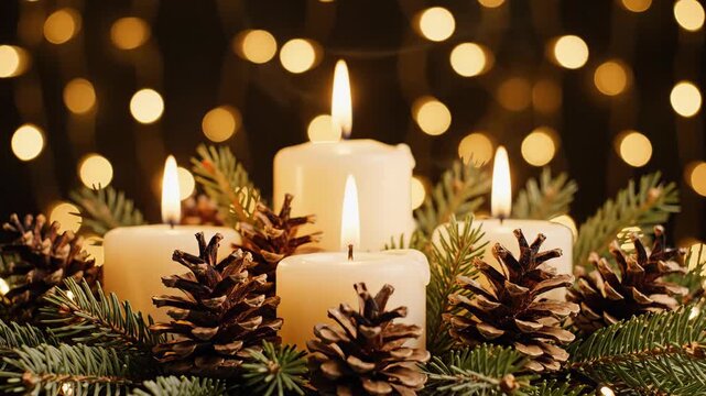Four lit white pillar candles with pine cones and fir branches create a warm festive glow against bokeh lights