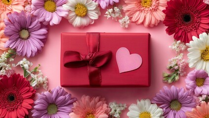 Gift box surrounded by colorful flowers