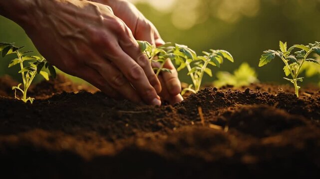 4K cinematic stock video of an organic garden farmer planting tomato seedlings. Aerial drone shot lush rows organic vegetables, transitioning first-person POV of hands planting seedlings dark fertile
