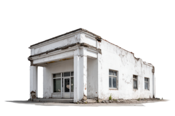 Dilapidated white building with broken windows and peeling paint on black image