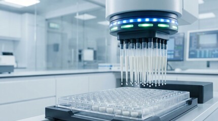 Automated liquid handling system dispenses fluids into a multi well plate in a modern laboratory setting