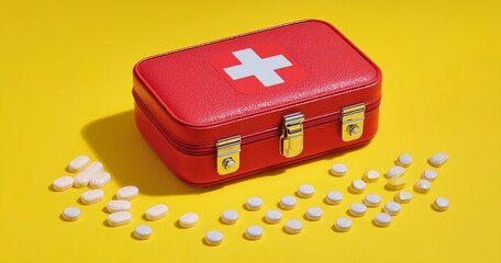 Red First Aid Kit with Pills on Yellow Background
