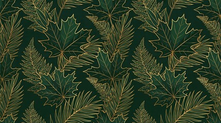 Seamless pattern of dark green maple leaves and fern fronds with golden outlines