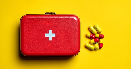 Red First Aid Kit with Pills on Yellow Background