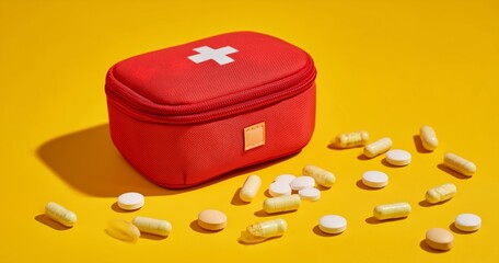Red First Aid Kit with Pills on Yellow Background