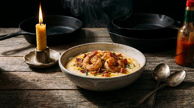 Enjoy savory shrimp and grits comfort food with candle lit ambiance and cast iron cookware, breakfast meal.