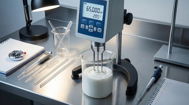 Laboratory viscometer mixing a white viscous substance in a beaker with scientific equipment