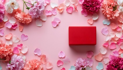 Red Gift Box Surrounded by Colorful Flower Petals