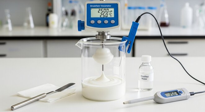 Laboratory equipment measuring the viscosity and temperature of a white viscous substance