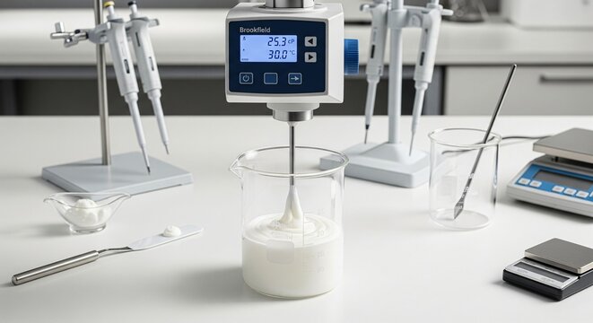 Laboratory equipment including viscometer pipettes beakers and digital scales on a white surface
