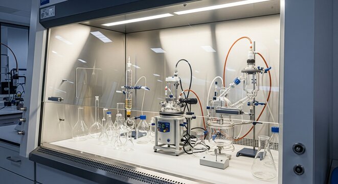 Laboratory fume hood with complex chemical apparatus glass flasks and scientific equipment