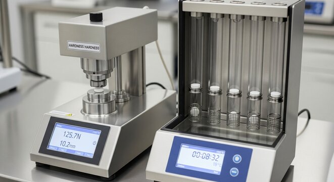 Two laboratory instruments a hardness tester and a rack of test tubes on a stainless steel surface