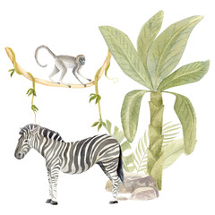 Fototapeta premium Hand-painted watercolor zebra with banana tree and monkey climbing a vine. Ideal for safari-themed art, wildlife prints, nursery decor, tropical jungle designs, and exotic animal collections.