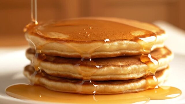 A delicious stack of fluffy pancakes drizzled with golden syrup, served on a white plate, with a warm kitchen background creating a cozy breakfast atmosphere