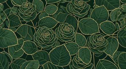 Lush green rose pattern with elegant gold outlines on a dark background