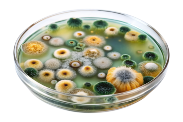 Petri dish with various colorful mold and bacteria growth on agar gel isolated on a transparent background