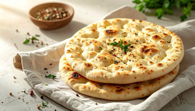 Traditional Middle Eastern Flatbread Served on Rustic Linen Cloth