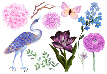 Fototapeta premium Chinoiserie antique watercolor style bird peonies trees and flowers. exotic forest garden greenery isolated elements