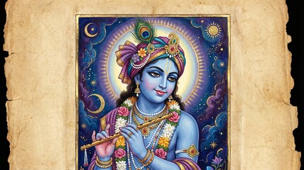 Fototapeta premium Blue skinned deity playing flute amidst celestial bodies and floral adornments on parchment