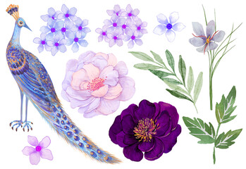 Fototapeta premium Chinoiserie antique watercolor style bird peonies trees and flowers. exotic forest garden greenery isolated elements