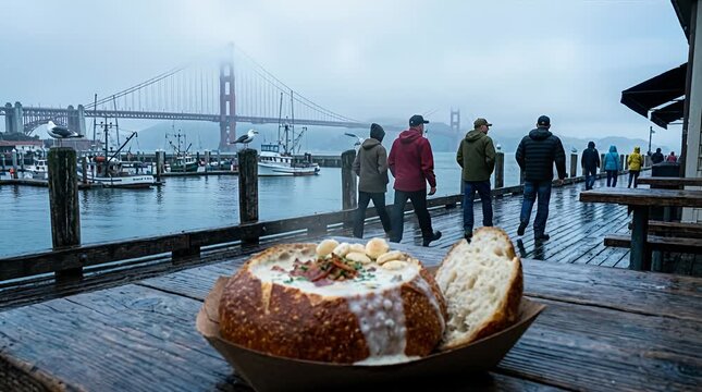 Delicious clam chowder in a bread bowl with bridge background bay view clam chowder bread bowl, sourdough.
