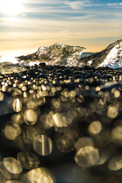 View of glistening ice fragments scattered across the stark black sand beach, reflecting the soft sunlight, creating a mesmerizing contrast, Hofn, Vatnajokull, Iceland.