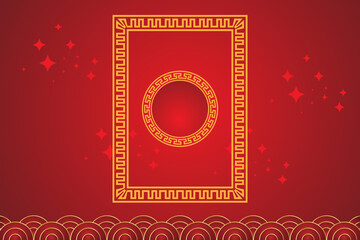 Chinese New Year greeting card with golden frame on red background. Vector illustration.