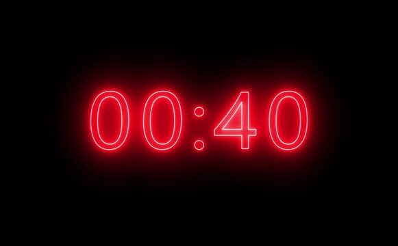 Neon light 45 seconds countdown animated. neon countdown timer. Countdown on black background, Running dynamic light. Timer from 45 to 0 seconds. 45 seconds countdown.