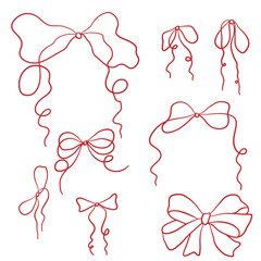 Red bows and ribbons, whimsical hand-drawn sketch. Vector illustration. Elegant bow collection isolated on white background. Suitable for wedding celebrations, holidays, party decorations, gifts,
