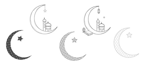 Collection of Islamic and Ramadan themed crescent moons including stars and lantern, mosque, rosary and Quran. Vector illustration. Set of silhouettes with Arabic pattern isolated on white background