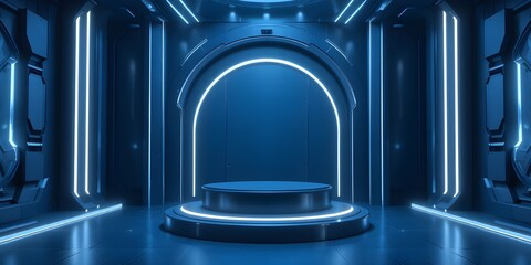 A realistic 3D blue cylinder pedestal podium set in a sci-fi themed dark blue abstract room, featuring semi-circle glowing neon lights. This is a vector rendering for product display presentation. 
