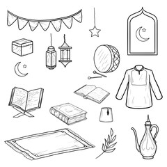 An Islamic and Ramadan themed collection including a crescent moon, robe and pitcher, lantern, rosary, and Quran. Vector illustration. Set of black and white silhouettes isolated on white background