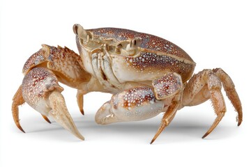 Crab standing on white surface while showing its claws and unique shell pattern