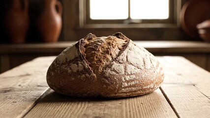 A freshly baked rustic loaf of bread rests on a wooden table in a cozy kitchen, with clay pots in the background, evoking a sense of warmth and traditional baking methods