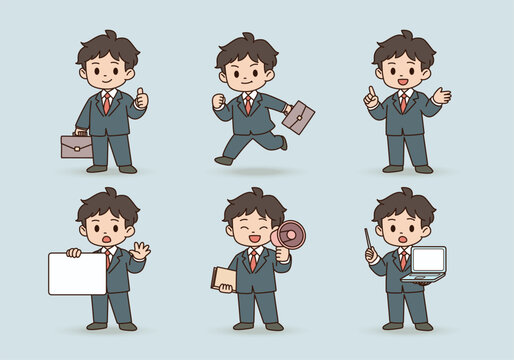 Cute cartoon businessman character set in suit, six poses, vector illustration
