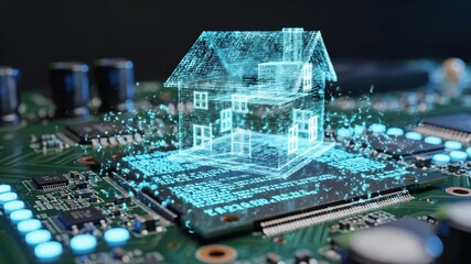 Digital Holographic House Rests on Advanced Computer Circuit Board with Glowing Blue Data Streams Representing Technology - Powered by Adobe