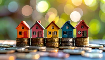 Miniature model houses in various colors placed atop uneven stacks of coins on blurred bokeh background.