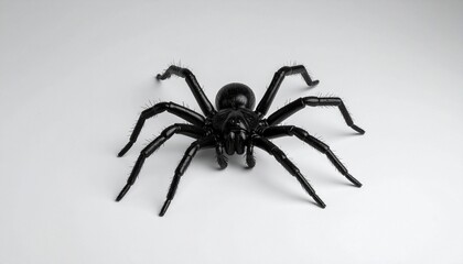 Black spider with eight legs spread symmetrically on light gray background, resembling realistic model or toy.