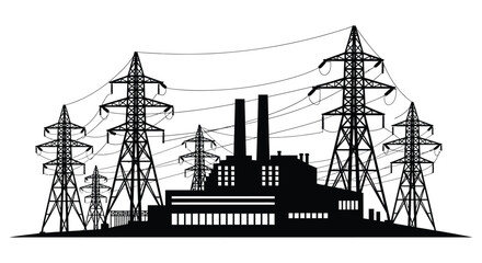 industrial power plant with transmission towers and lines silhouette high quality professional detailed modern elegant stylish