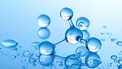 Transparent molecular spheres connected by rods on glossy blue surface with water droplets, evoking scientific clarity.