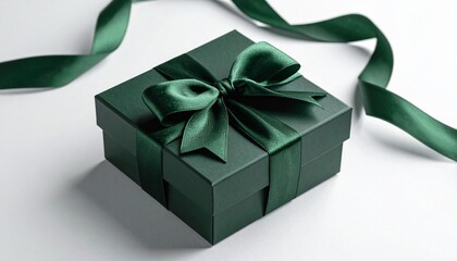 Dark green gift box with matching satin ribbon bow on light surface, minimal and elegant composition.