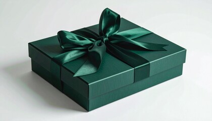 Dark green gift box with matching satin ribbon bow on light surface, minimal and elegant composition.
