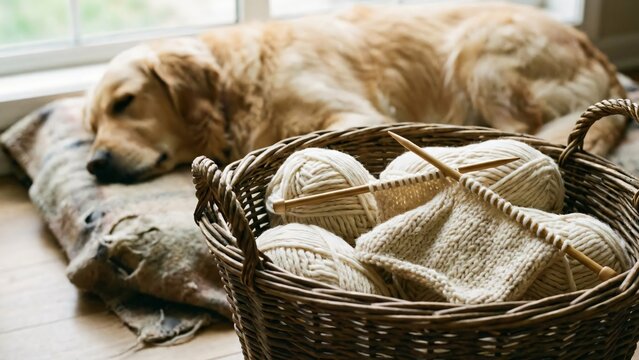 Golden retriever dog sleeps near basket with knitting yarn and needles